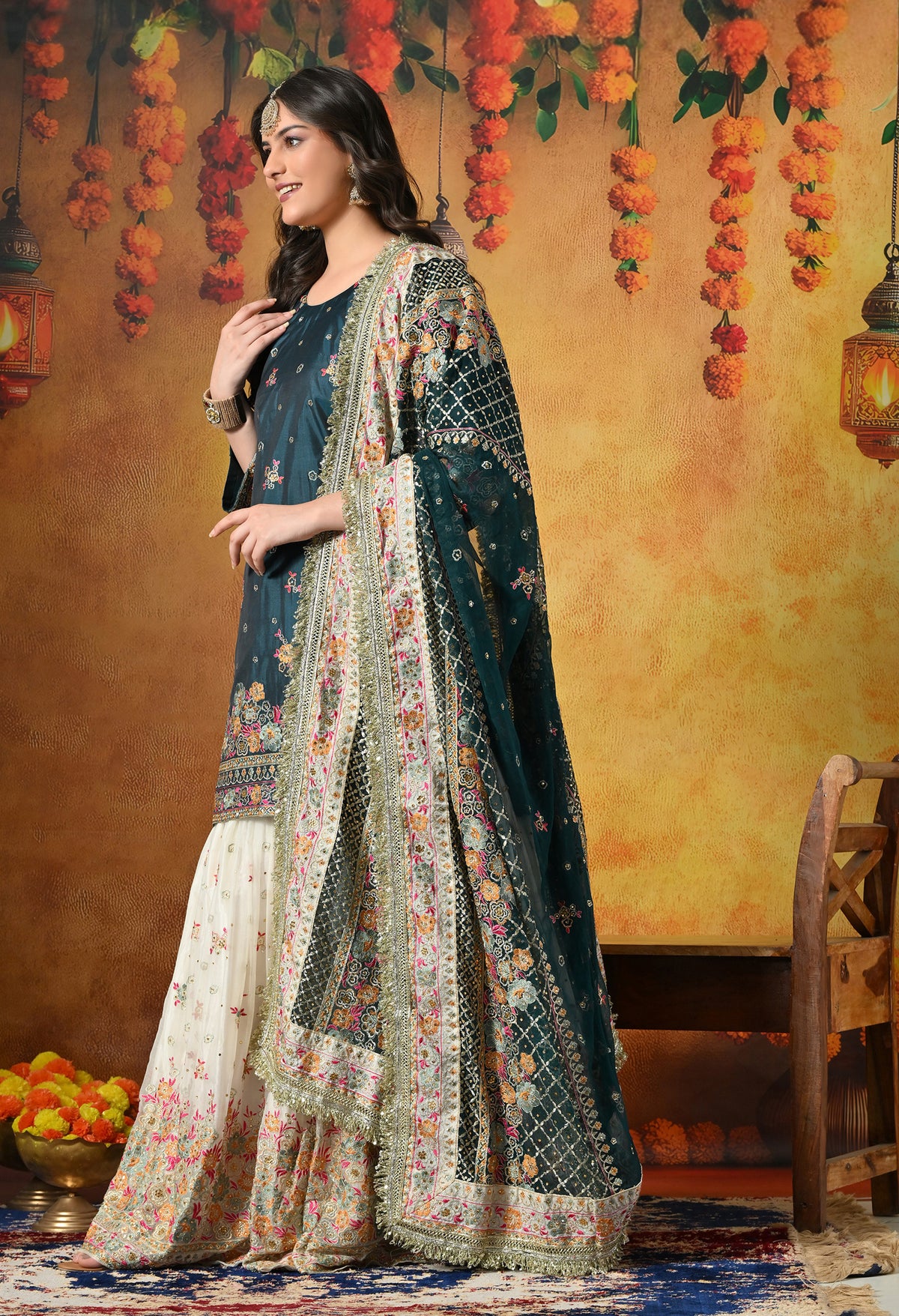 Regal Teal Silk Gharara Set