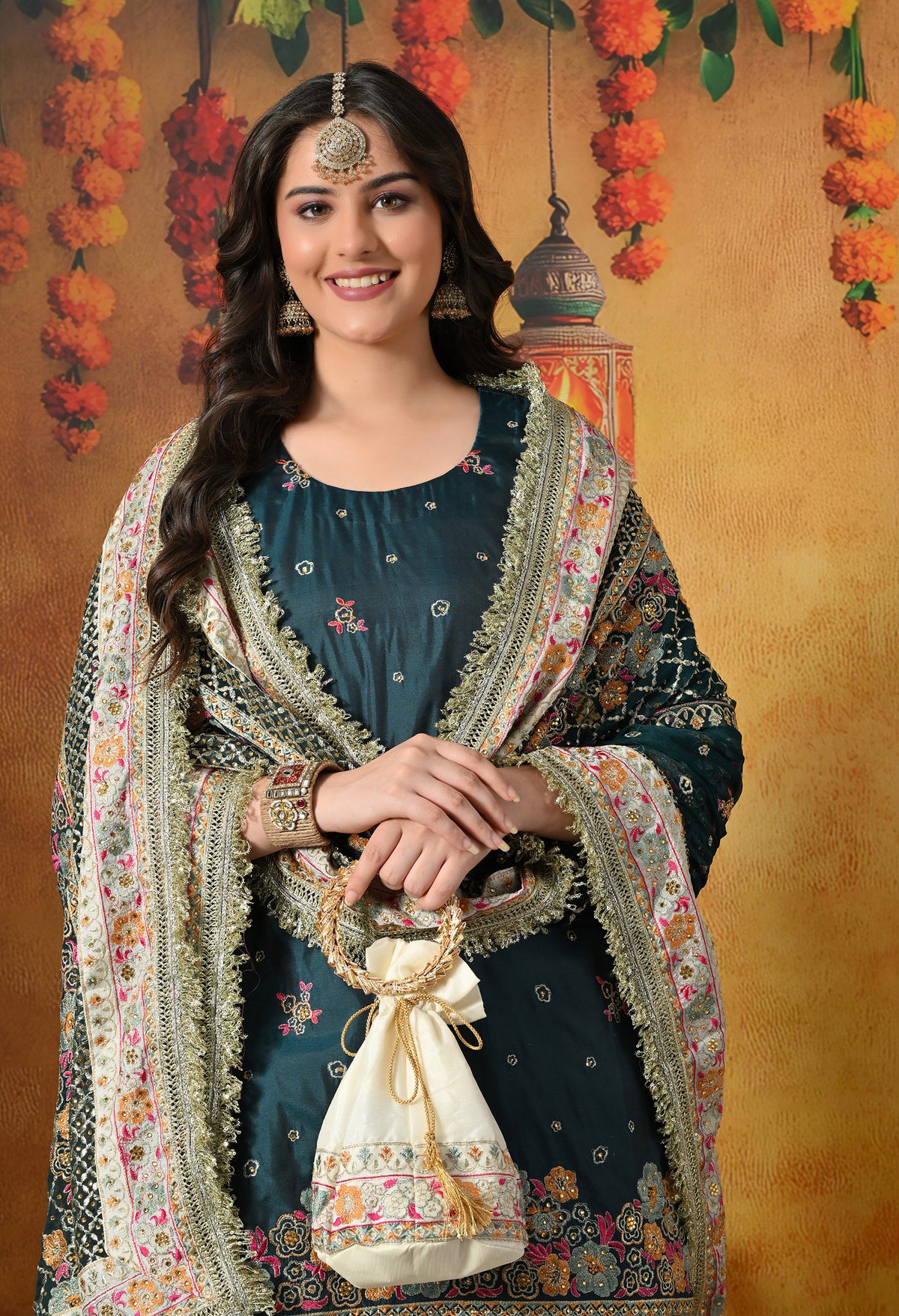 Regal Teal Silk Gharara Set