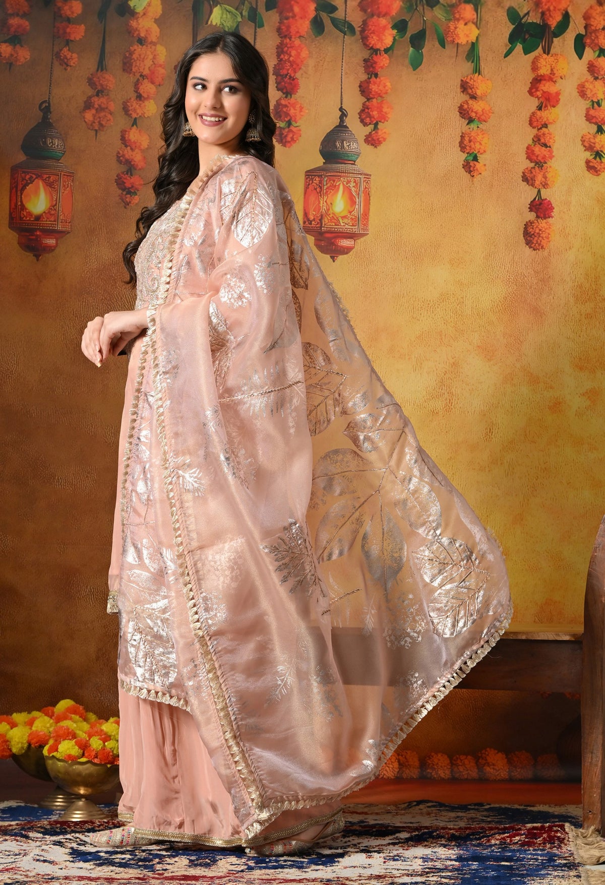 Elegant blush peach sharara set