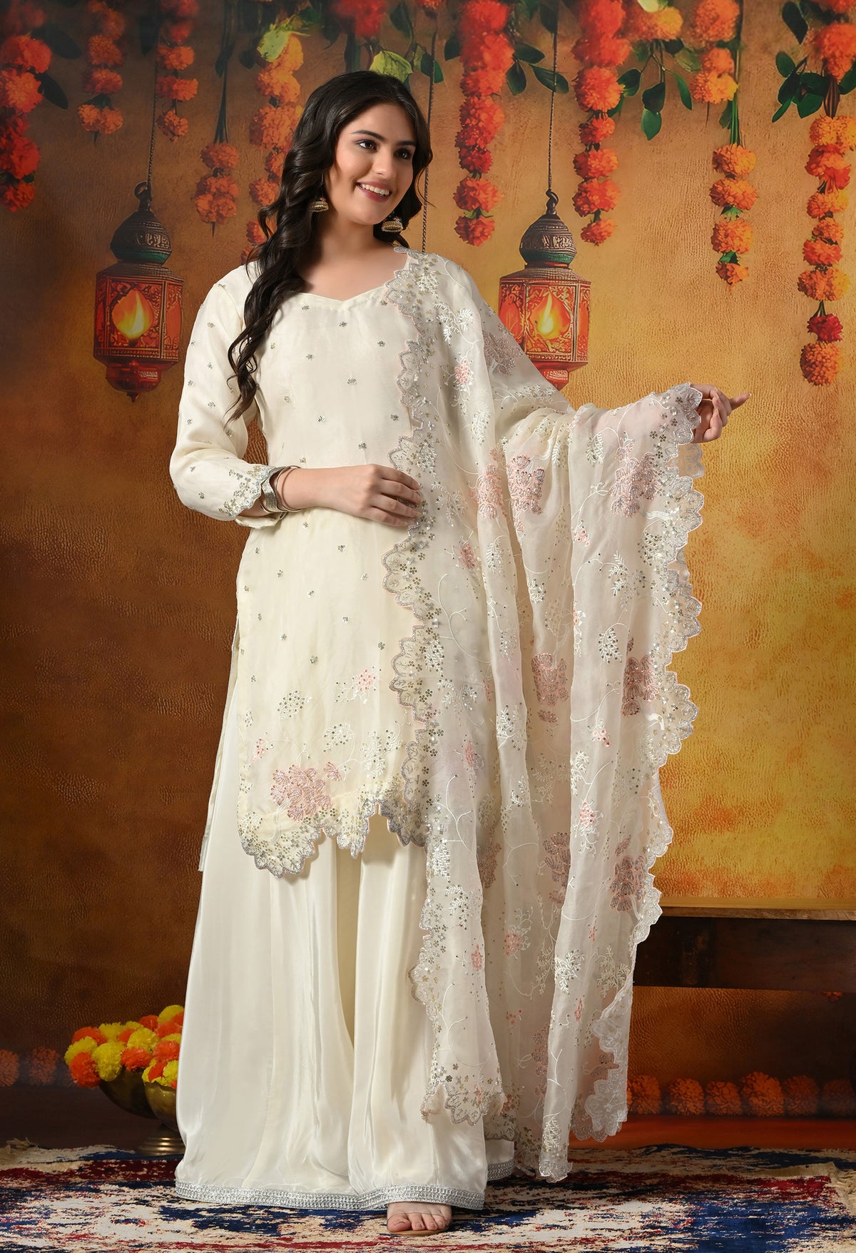 Elegant Ivory White Sharara Set