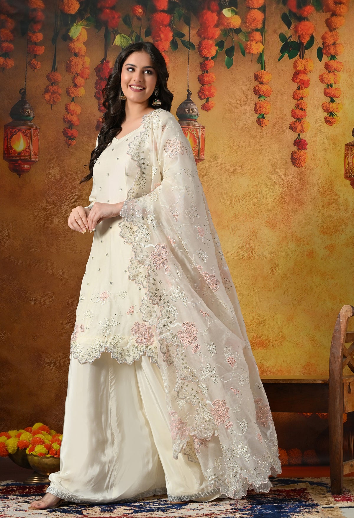 Elegant Ivory White Sharara Set
