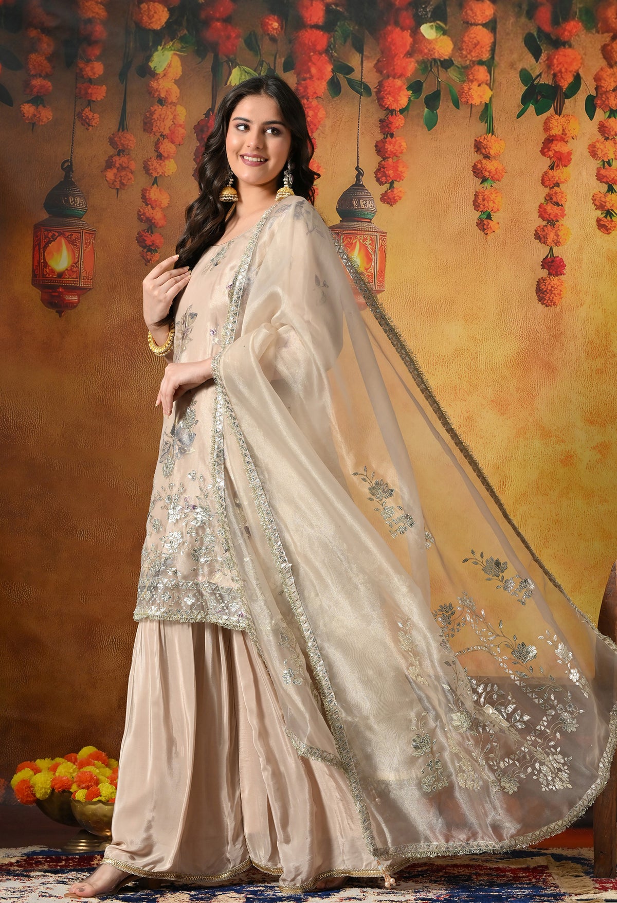 Royal Beige Gharara Set with Gotta, Zardozi and Crystal Work
