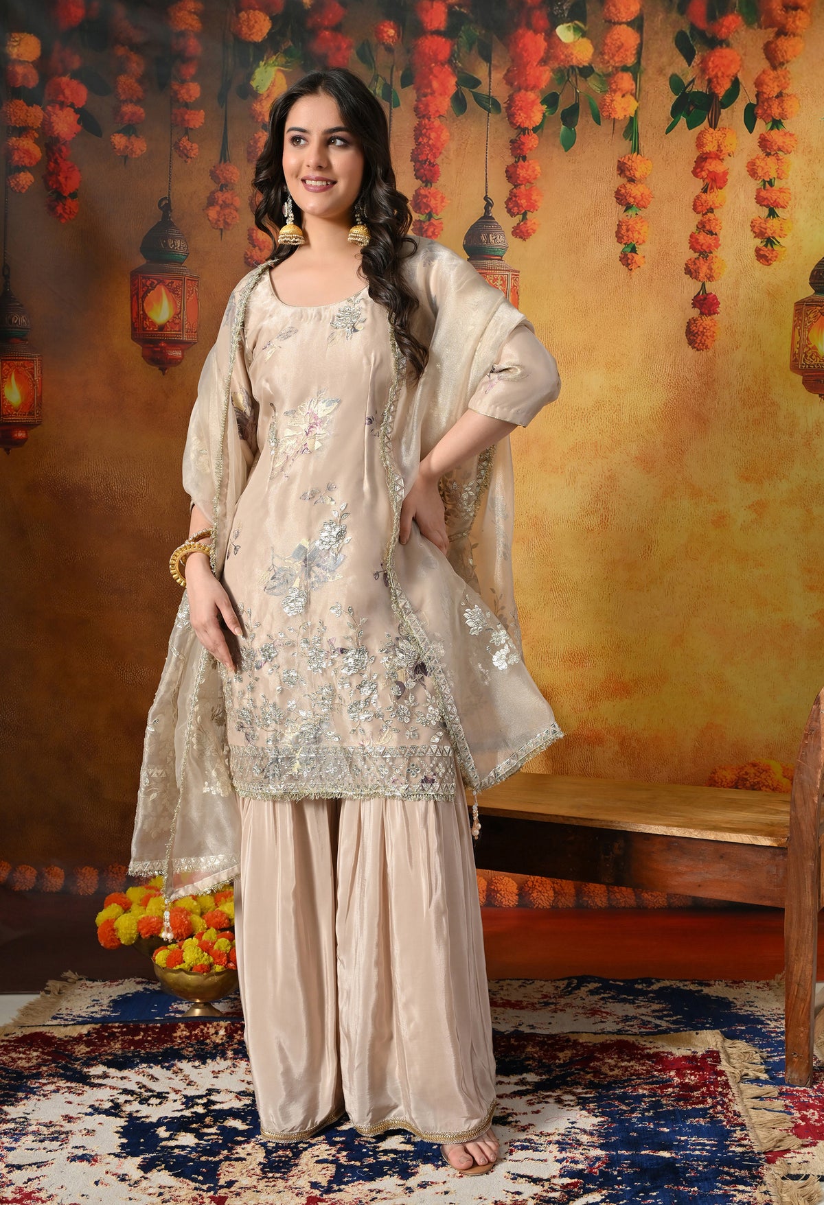 Royal Beige Gharara Set with Gotta, Zardozi and Crystal Work