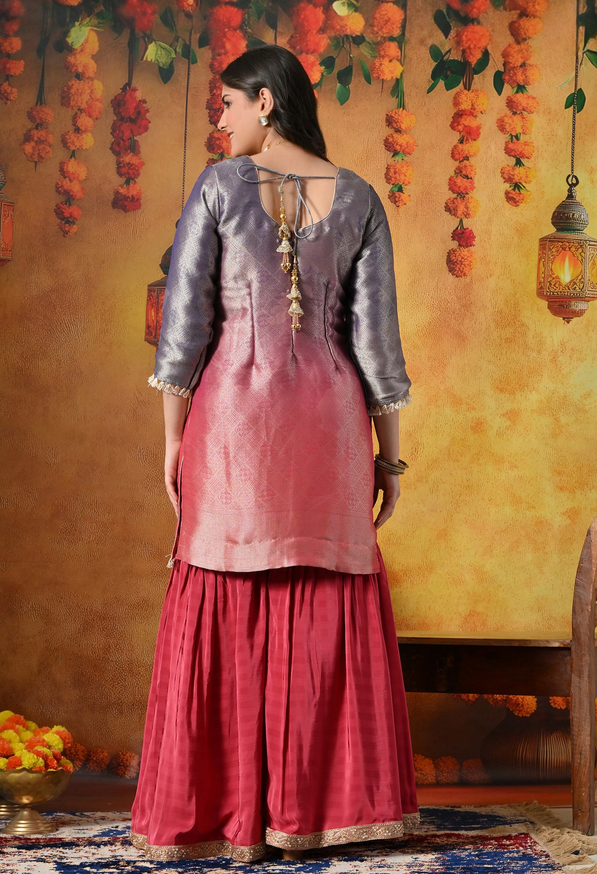 Brick Red and Purple Gharara Suit