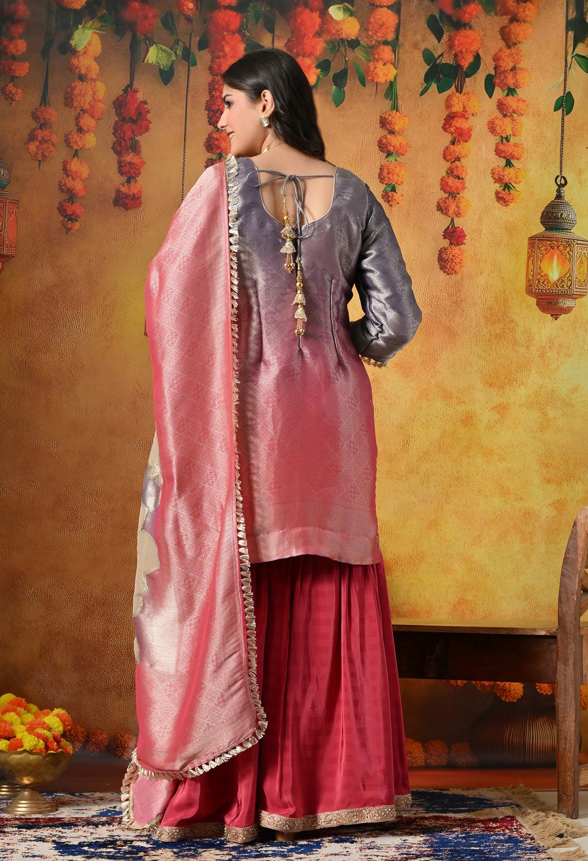 Brick Red and Purple Gharara Suit
