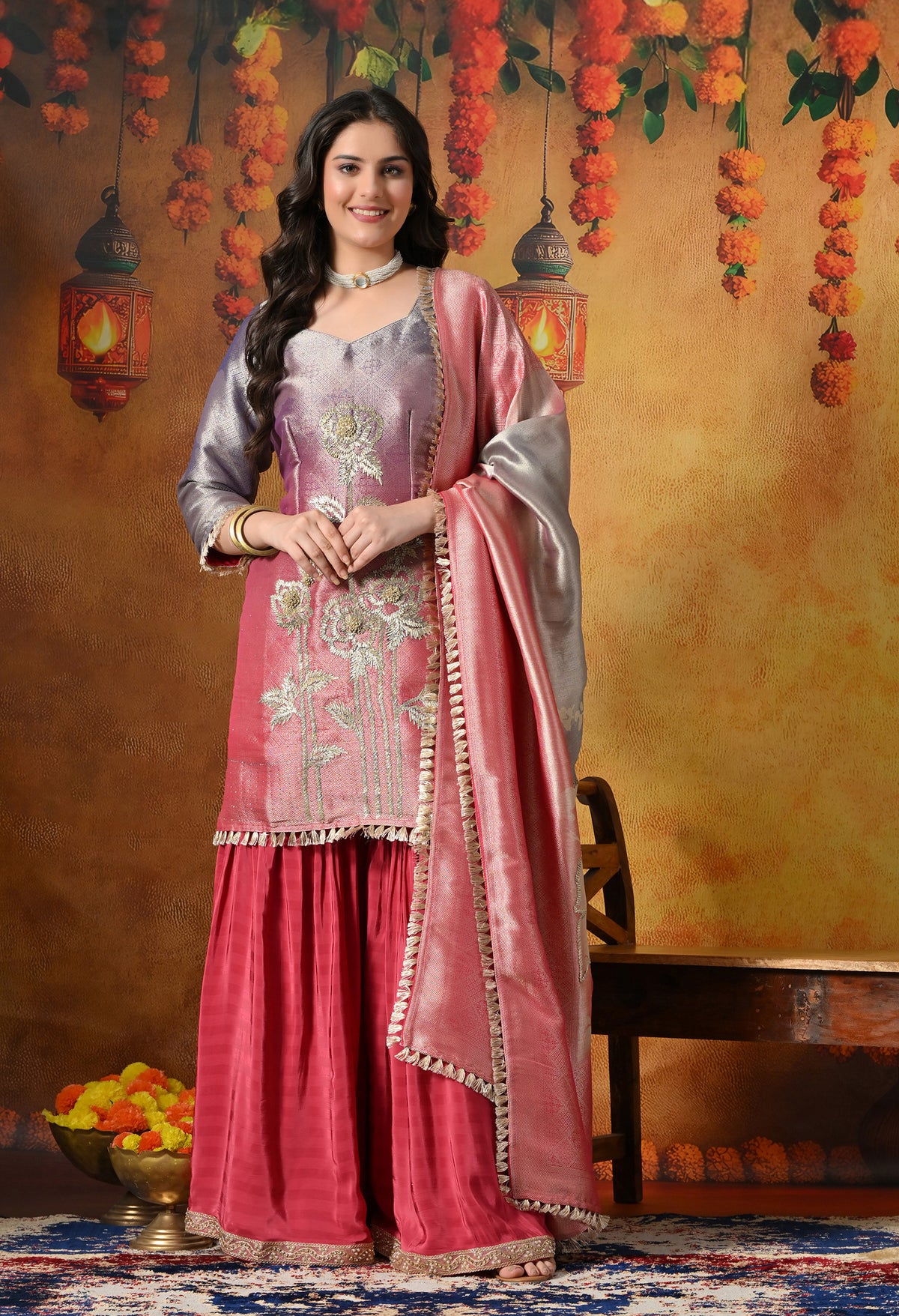 Brick Red and Purple Gharara Suit