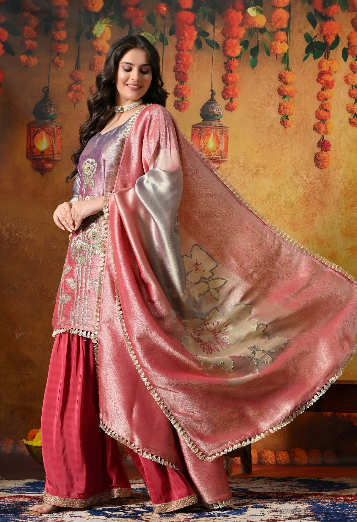 Brick Red and Purple Gharara Suit
