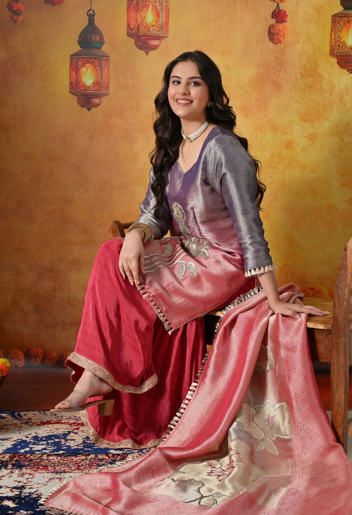 Brick Red and Purple Gharara Suit