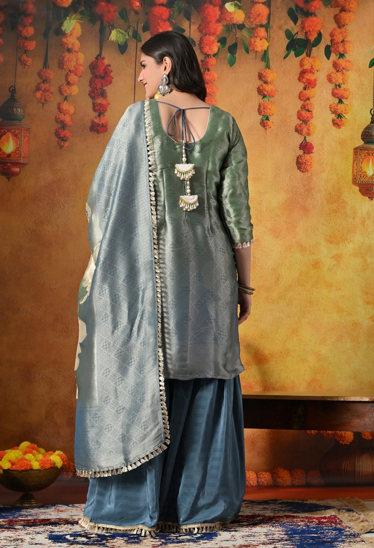 A Stunning Blue and Green Gharara Set