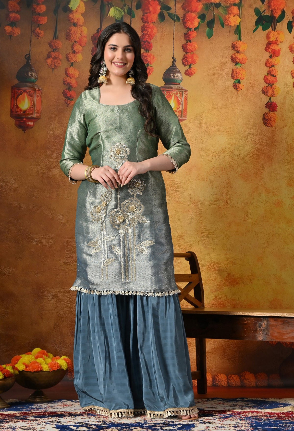 A Stunning Blue and Green Gharara Set