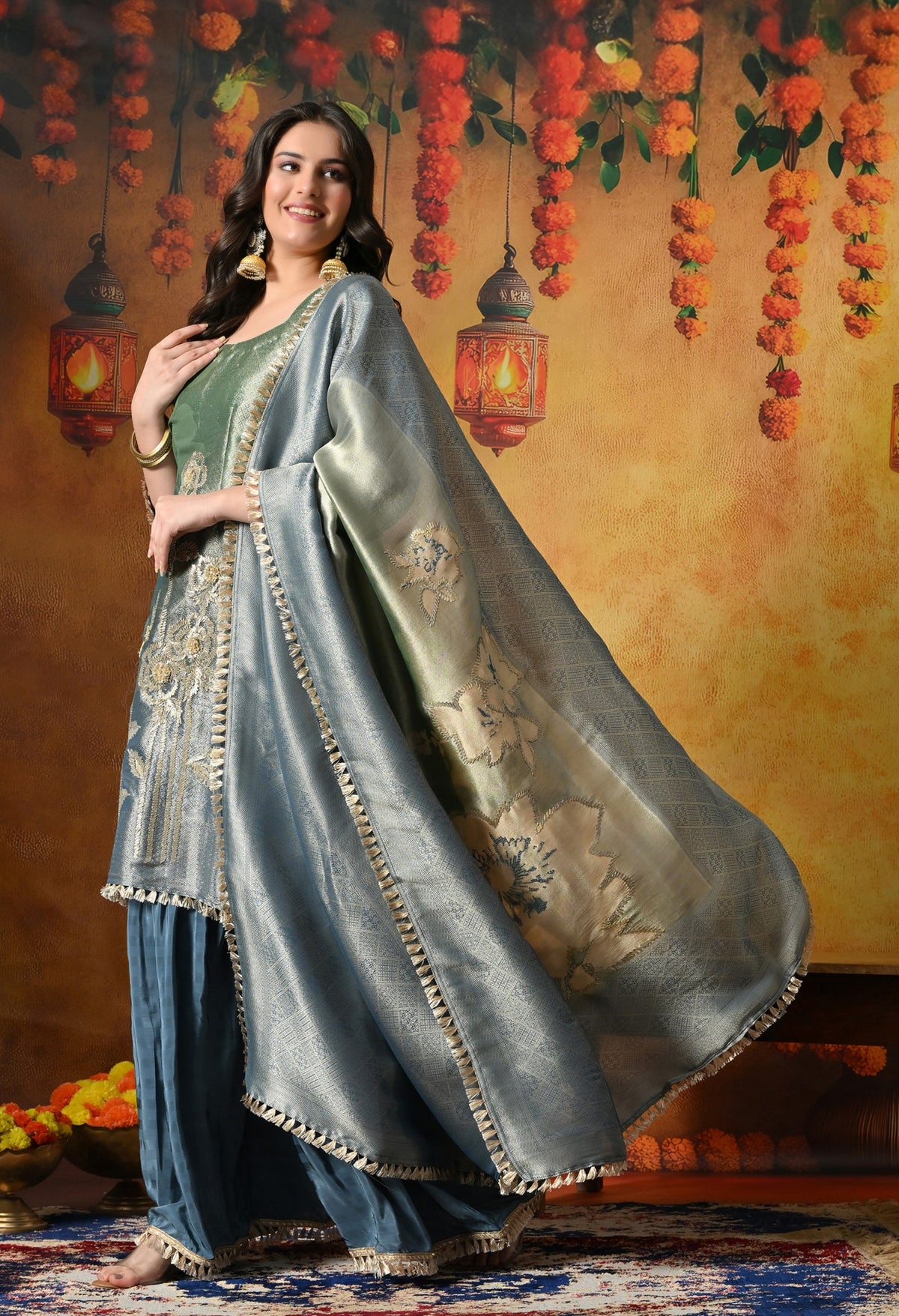 A Stunning Blue and Green Gharara Set