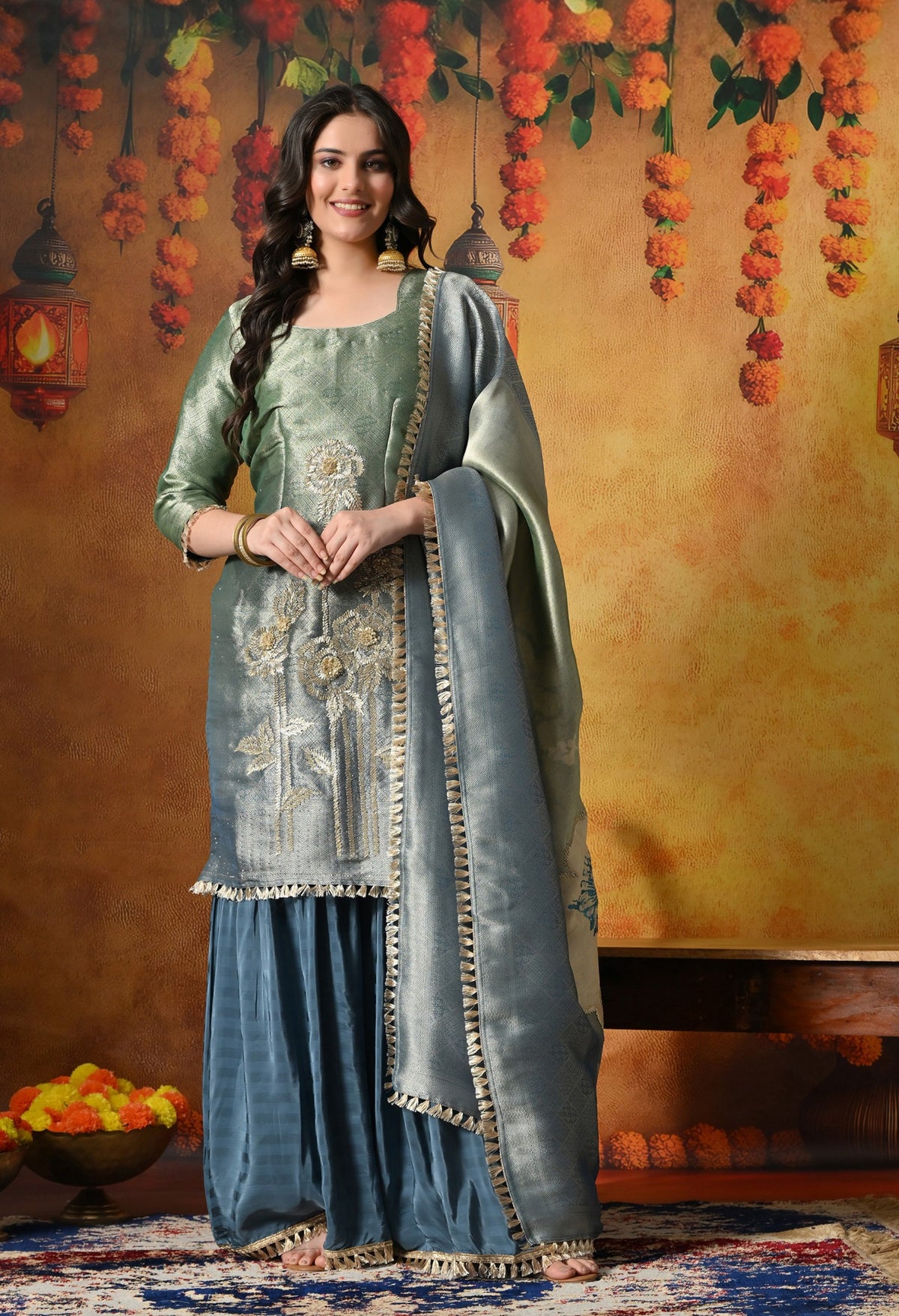 A Stunning Blue and Green Gharara Set