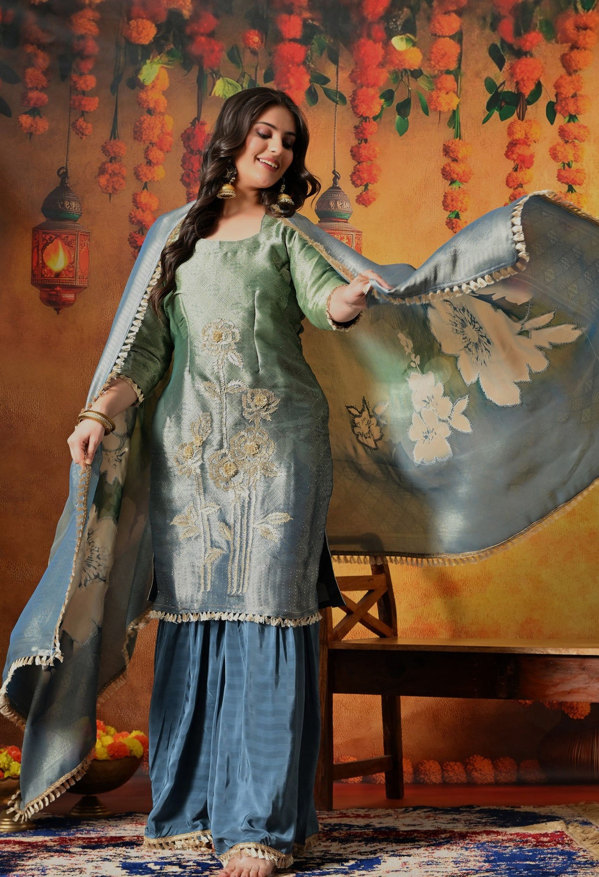 A Stunning Blue and Green Gharara Set