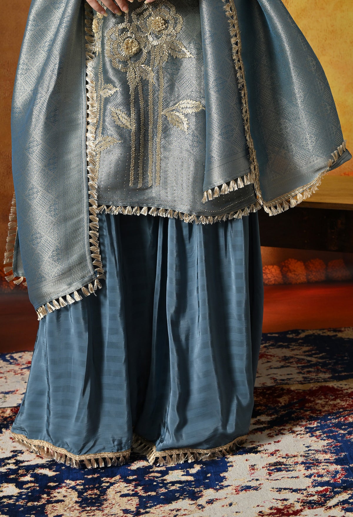 Blue and Green Gharara Set with Gotta and Delicate Crystal Work
