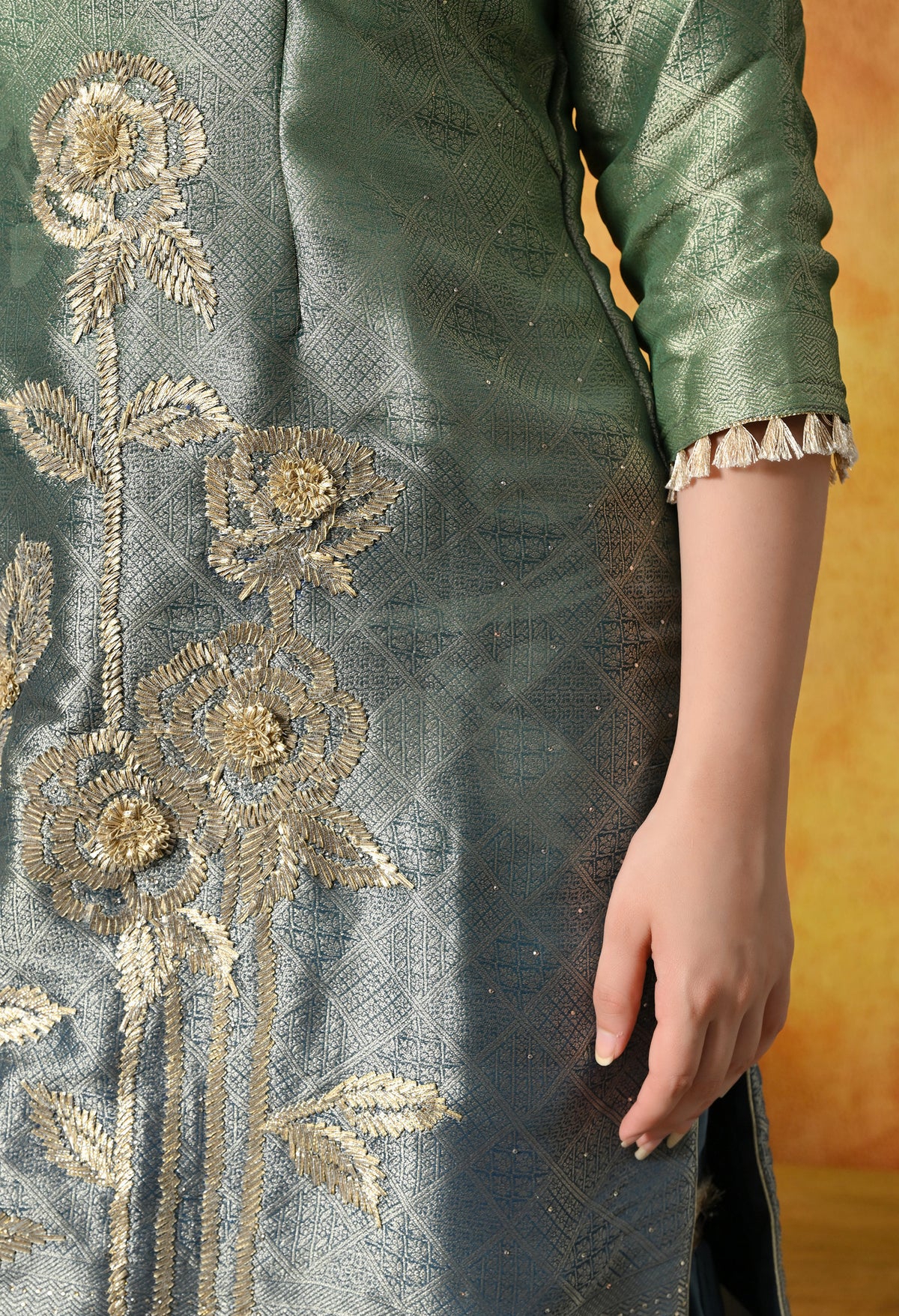 Blue and Green Gharara Set with Gotta and Delicate Crystal Work