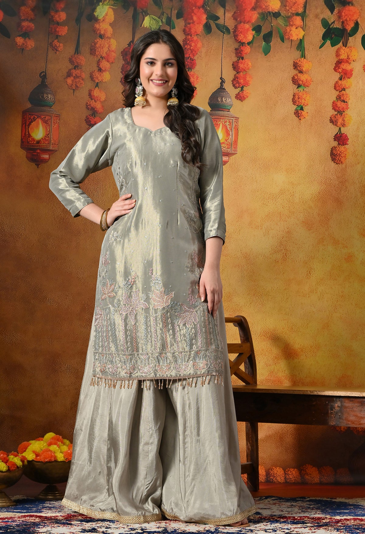 Ethereal Sage Green Sharara Set With Pastel Floral Embroidery and Crystal Tassels