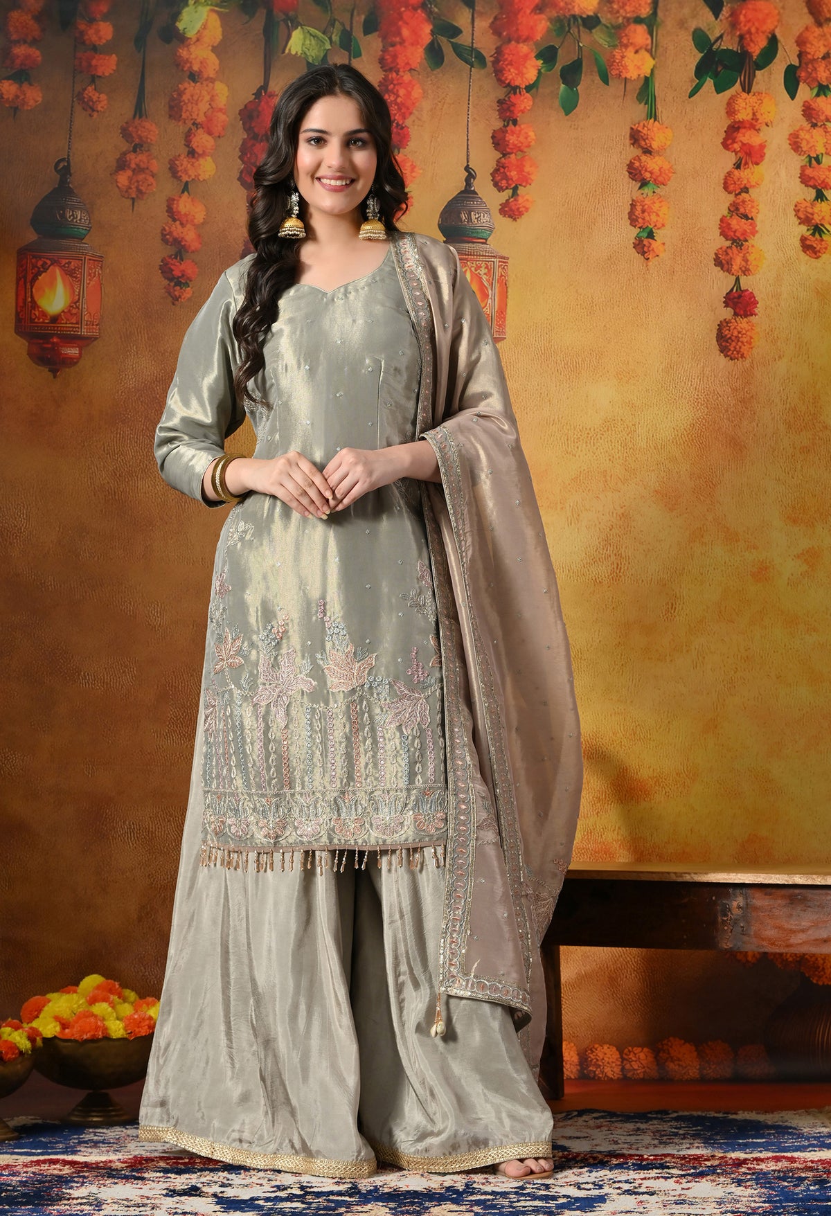 Ethereal Sage Green Sharara Set With Pastel Floral Embroidery and Crystal Tassels