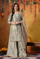 Ethereal Sage Green Sharara Set With Pastel Floral Embroidery and Crystal Tassels