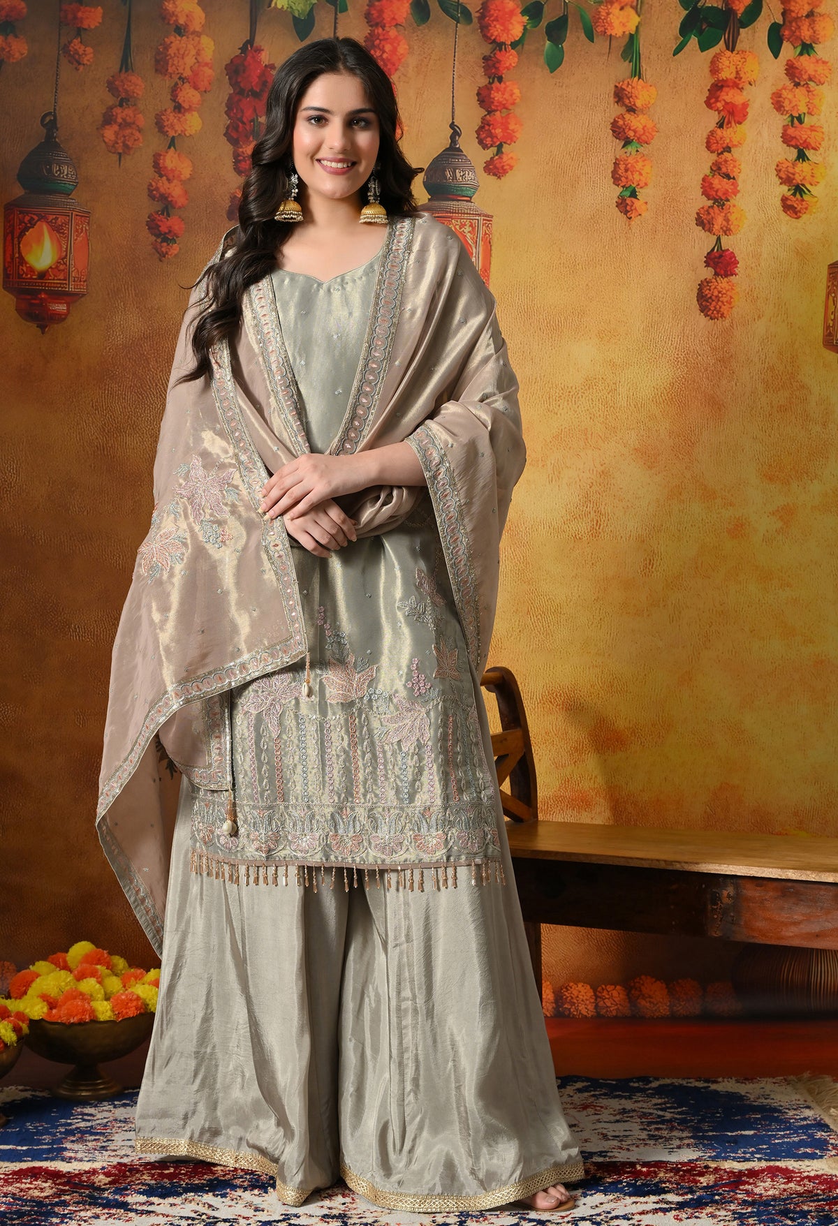 Ethereal Sage Green Sharara Set With Pastel Floral Embroidery and Crystal Tassels