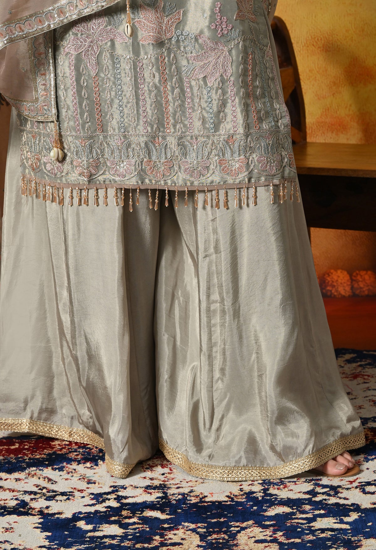 Ethereal Sage Green Sharara Set With Pastel Floral Embroidery and Crystal Tassels