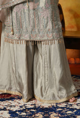 Ethereal Sage Green Sharara Set With Pastel Floral Embroidery and Crystal Tassels
