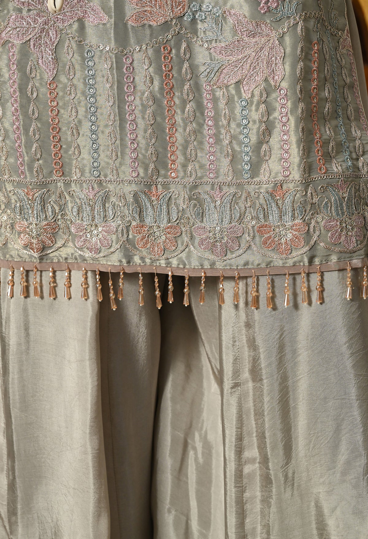 Ethereal Sage Green Sharara Set With Pastel Floral Embroidery and Crystal Tassels