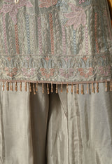 Ethereal Sage Green Sharara Set With Pastel Floral Embroidery and Crystal Tassels