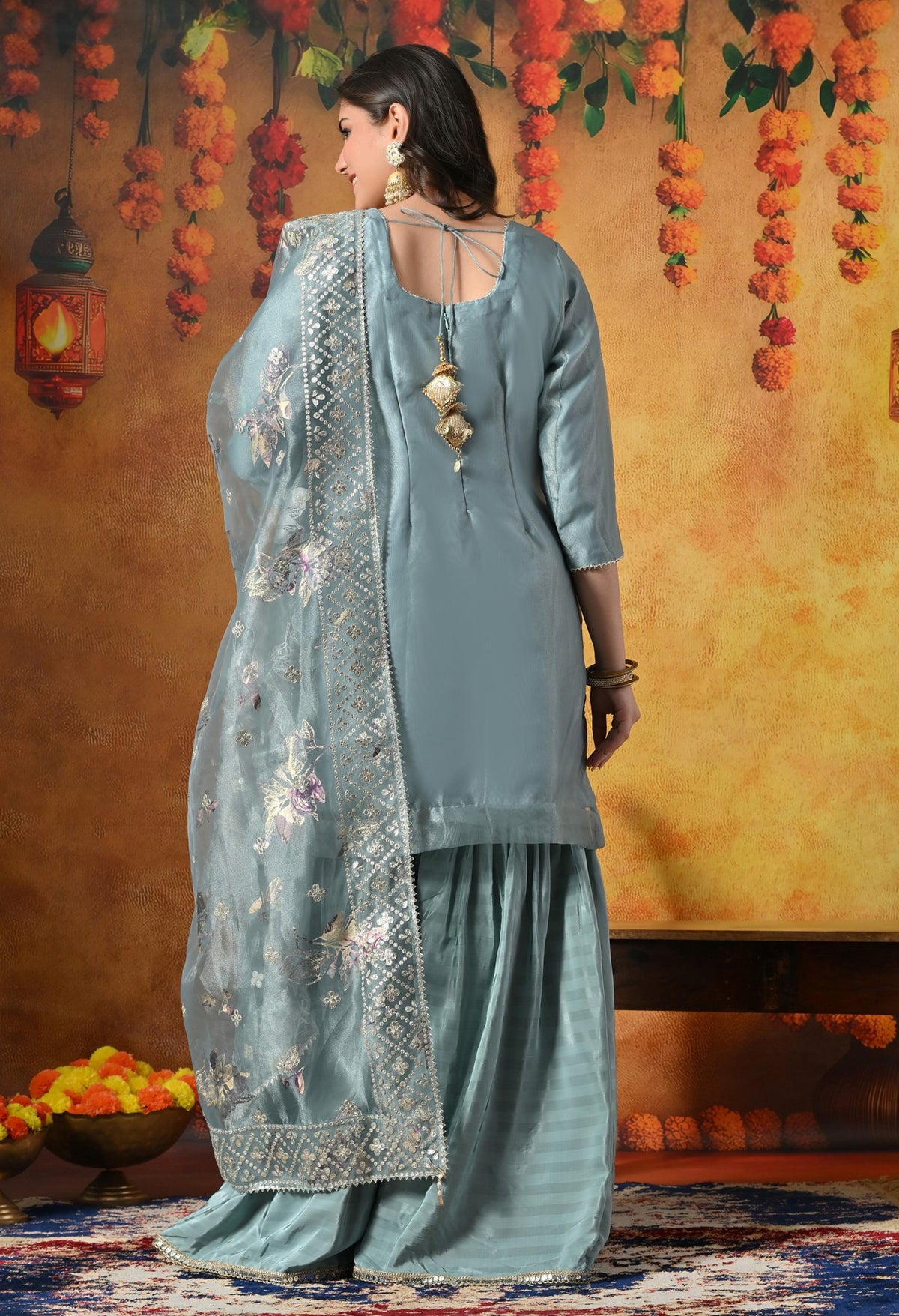 This Powder Blue Shimmer Organza Gharara Set