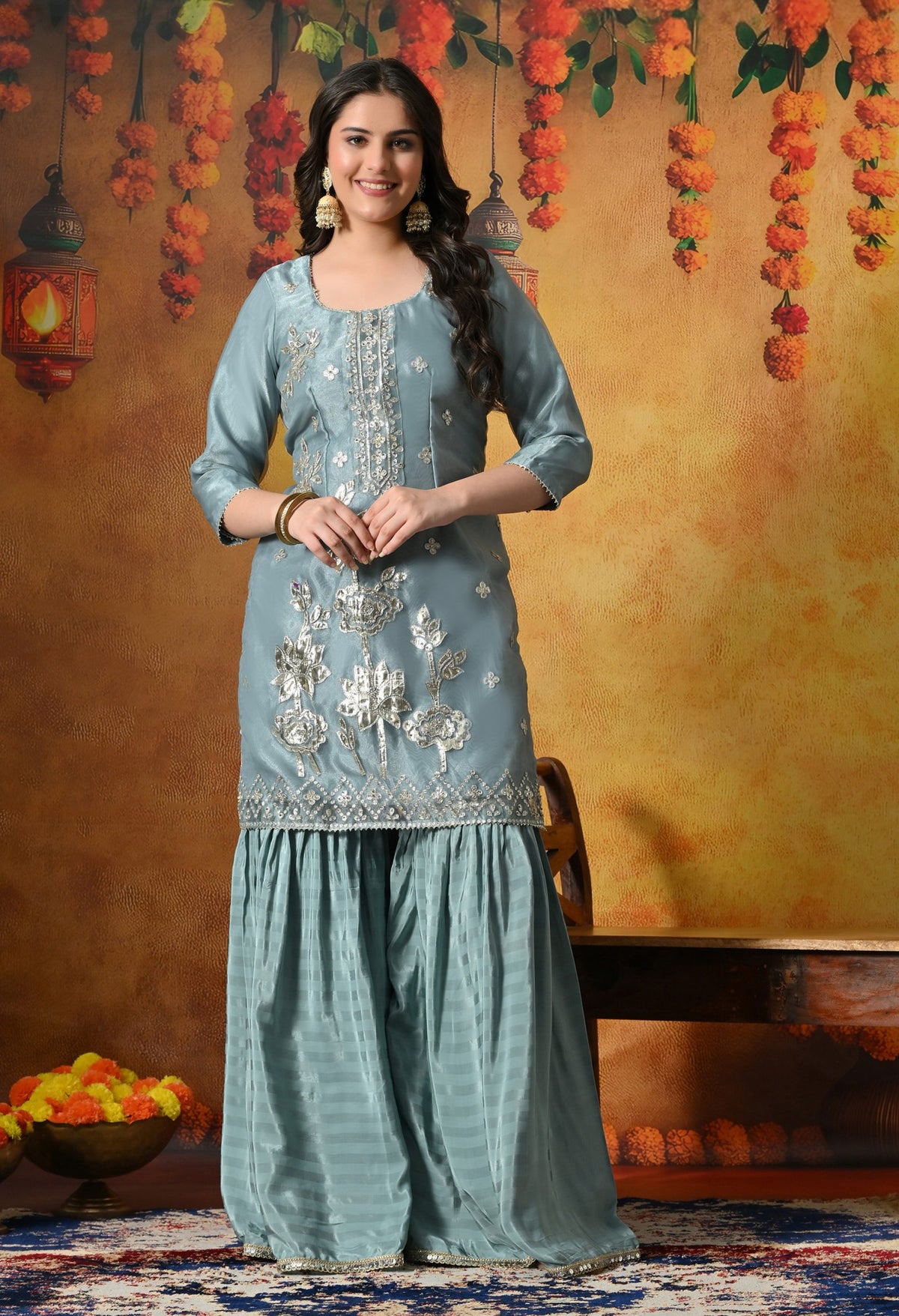 This Powder Blue Shimmer Organza Gharara Set