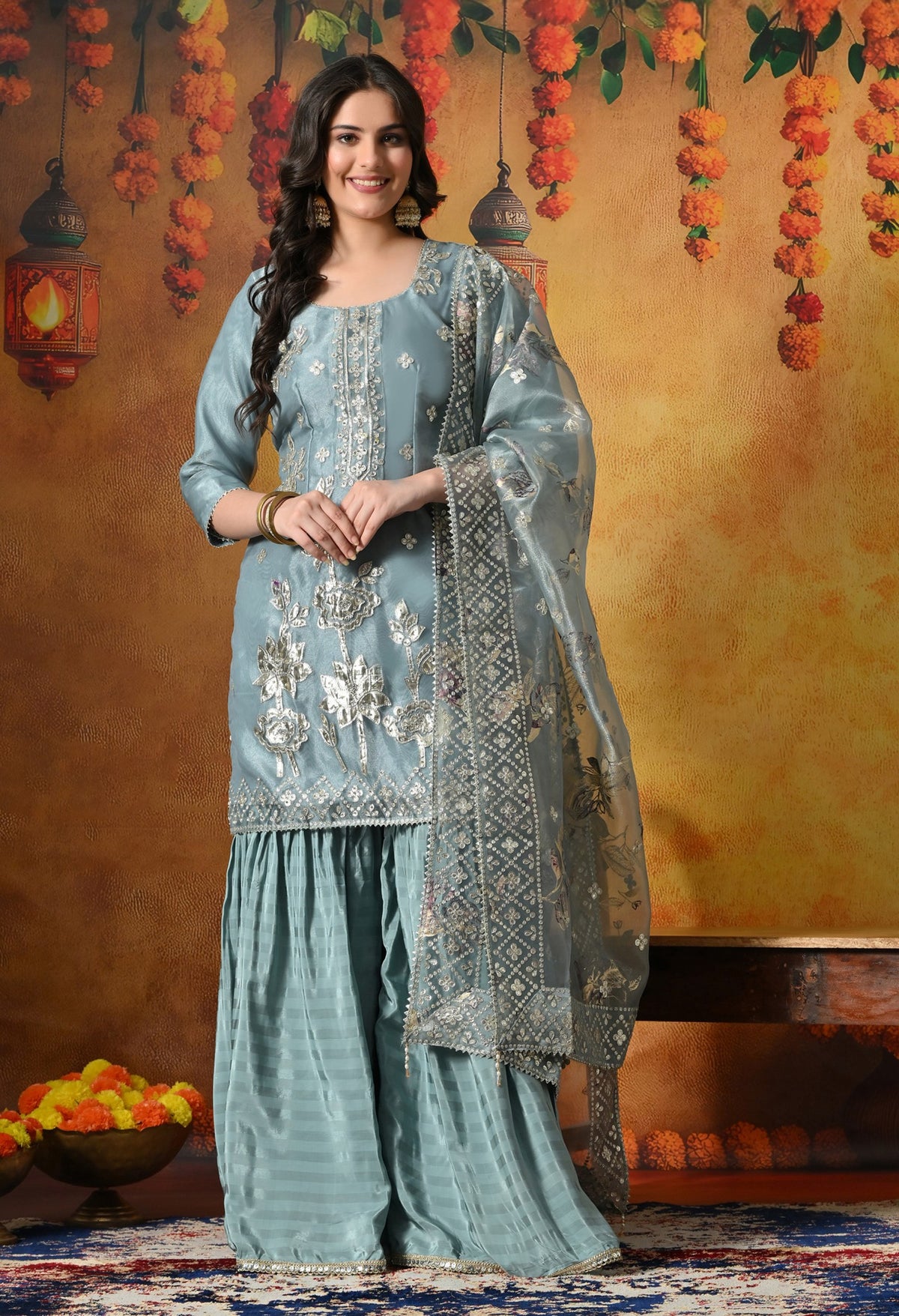 This Powder Blue Shimmer Organza Gharara Set