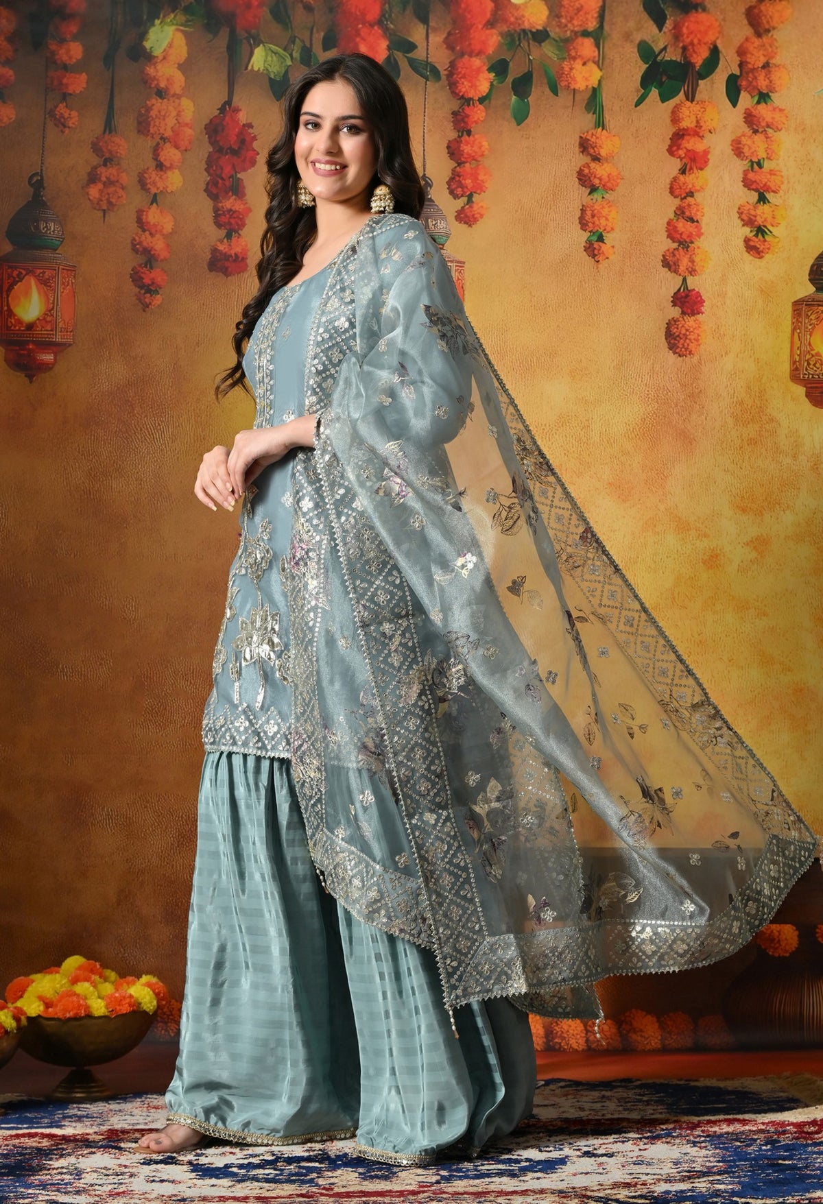 This Powder Blue Shimmer Organza Gharara Set