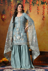This Powder Blue Shimmer Organza Gharara Set