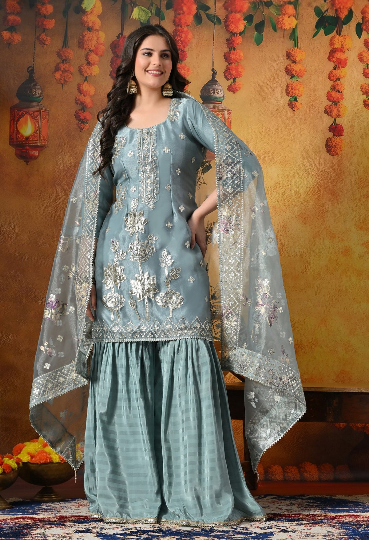 This Powder Blue Shimmer Organza Gharara Set