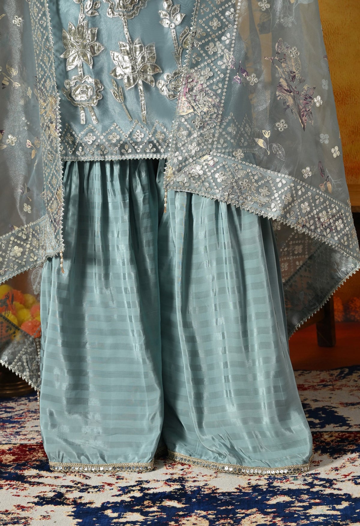 This Powder Blue Shimmer Organza Gharara Set