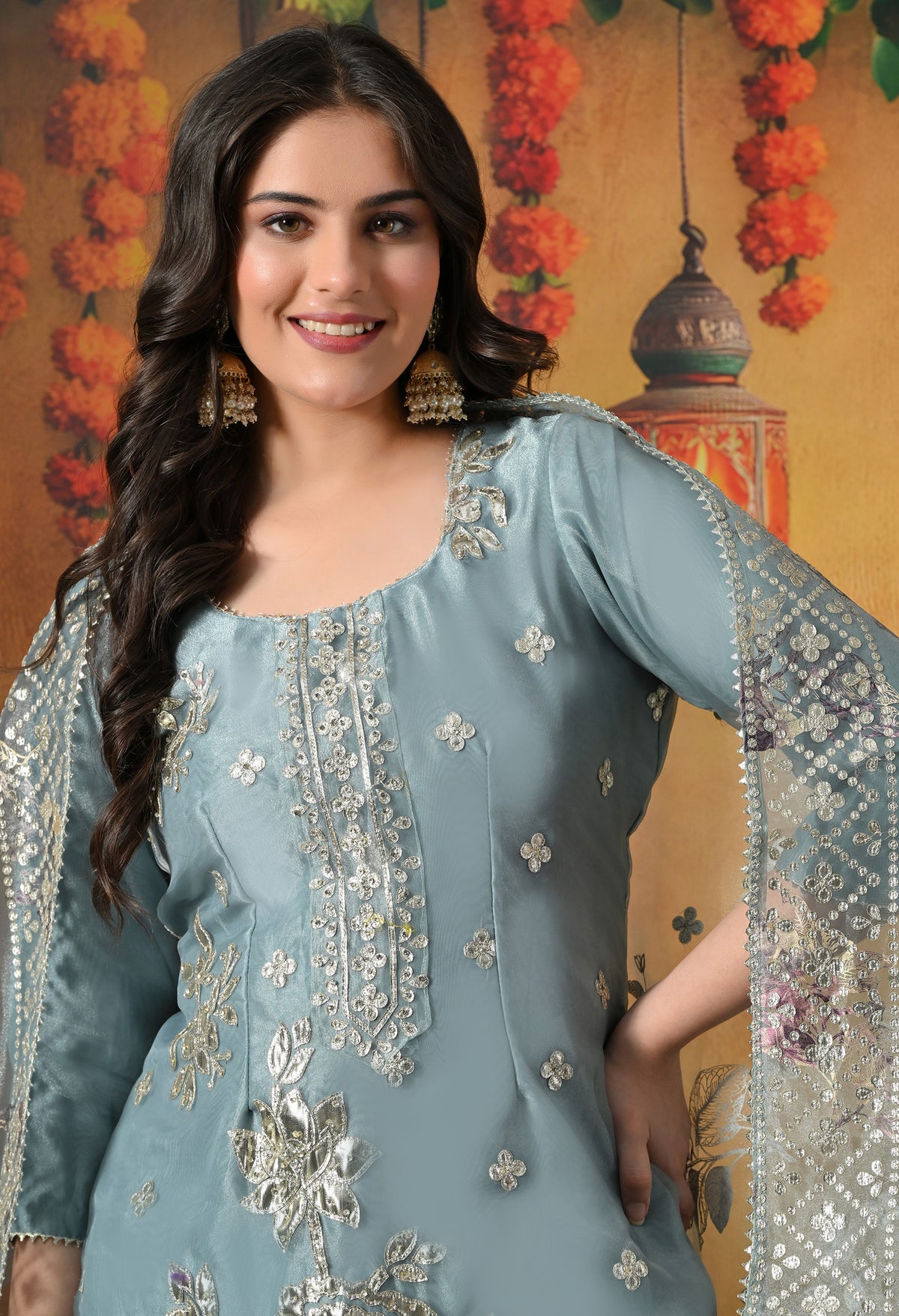 Powder Blue Shimmer Organza Gharara Set
