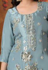 This Powder Blue Shimmer Organza Gharara Set