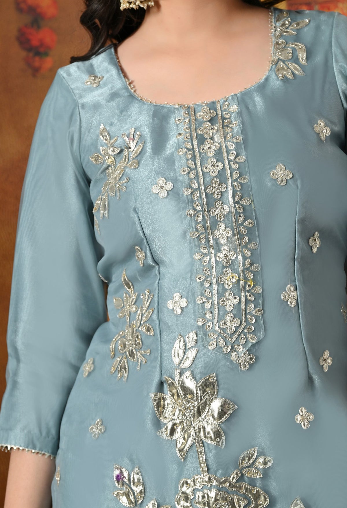 This Powder Blue Shimmer Organza Gharara Set