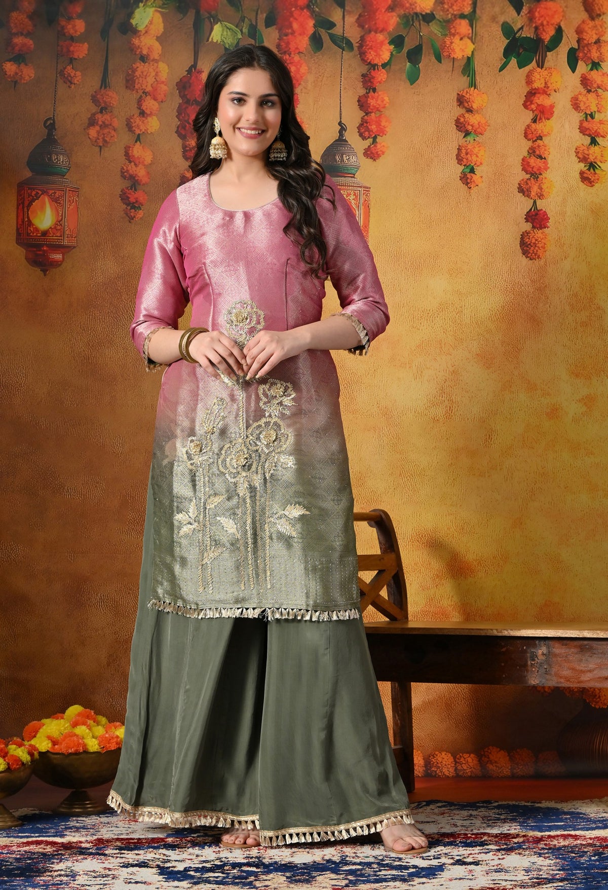 A Vibrant Pink and Green Sharara Set