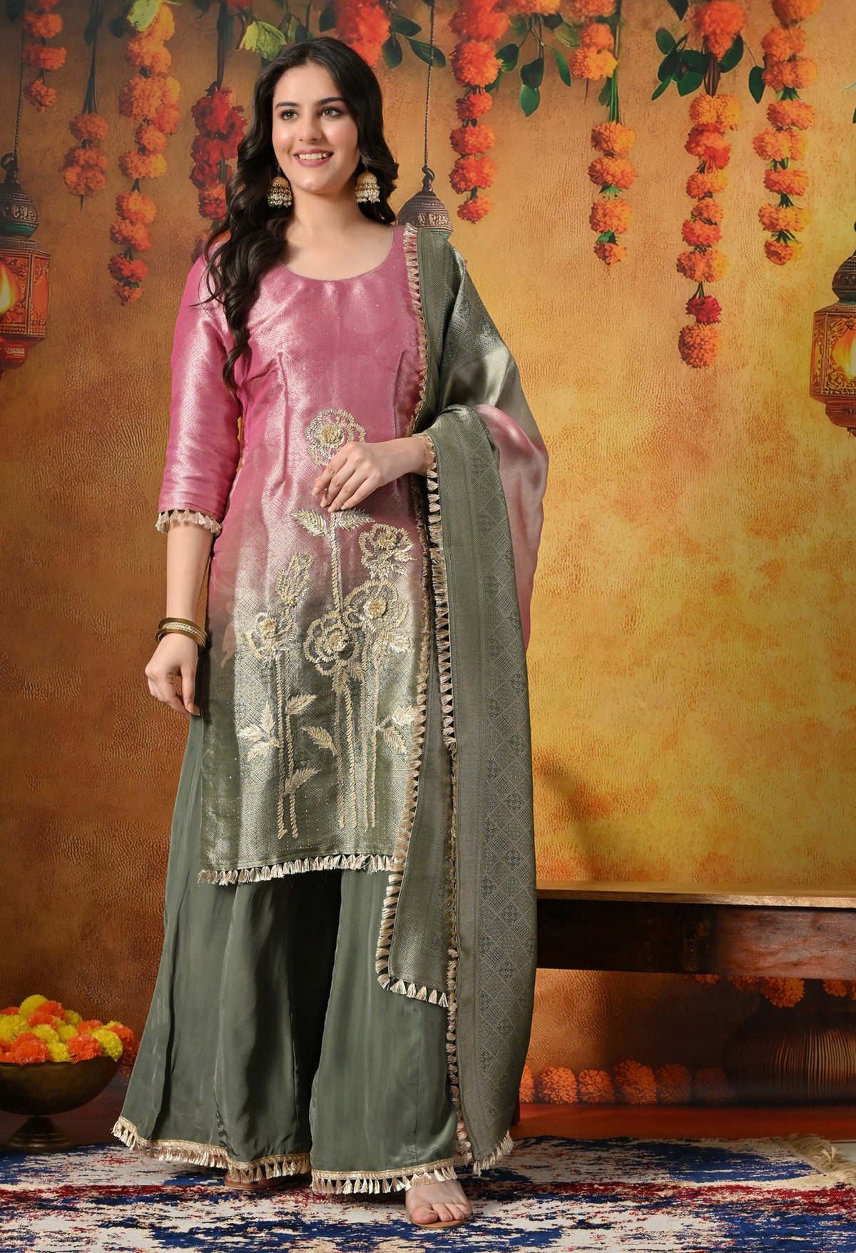 A Vibrant Pink and Green Sharara Set