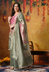A Vibrant Pink and Green Sharara Set