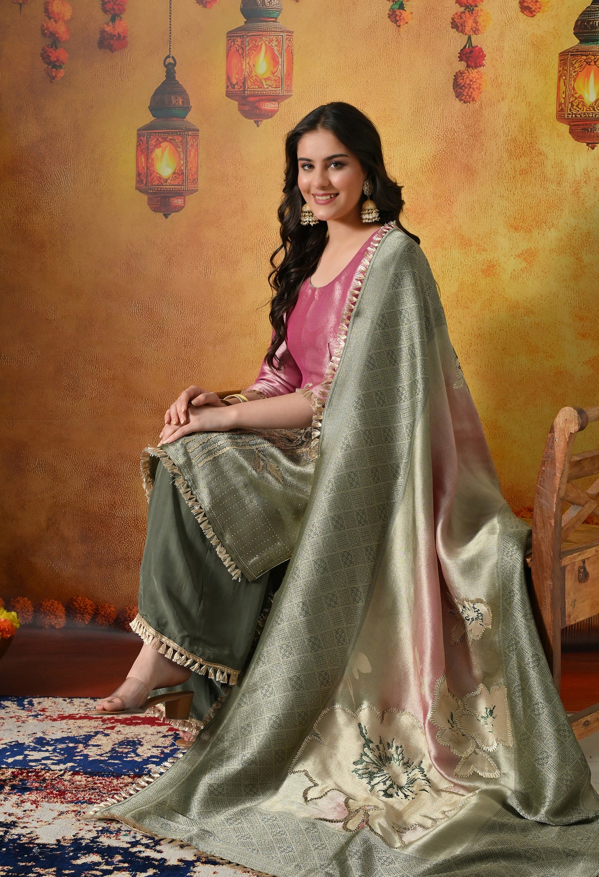 A Vibrant Pink and Green Sharara Set
