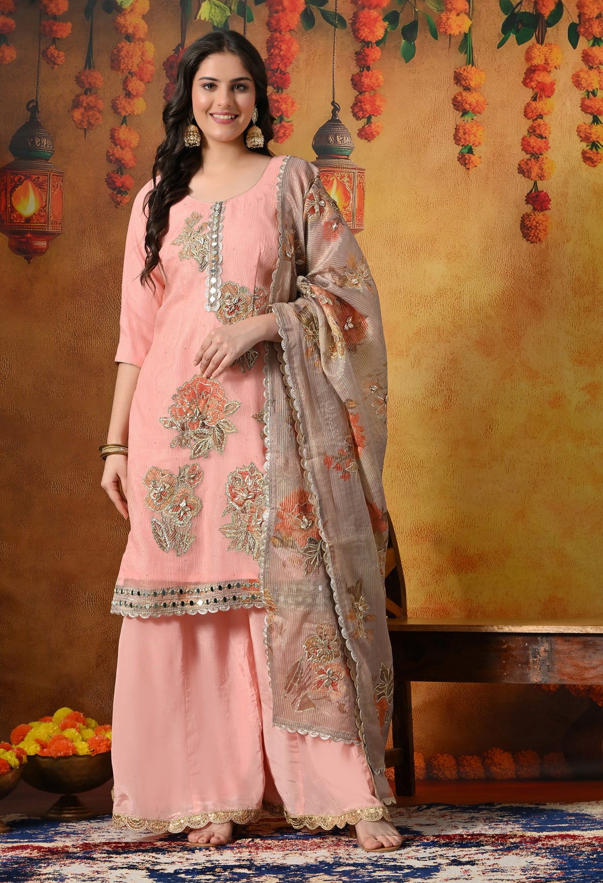 Radiant Peach Crushed Tissue Sharara Set