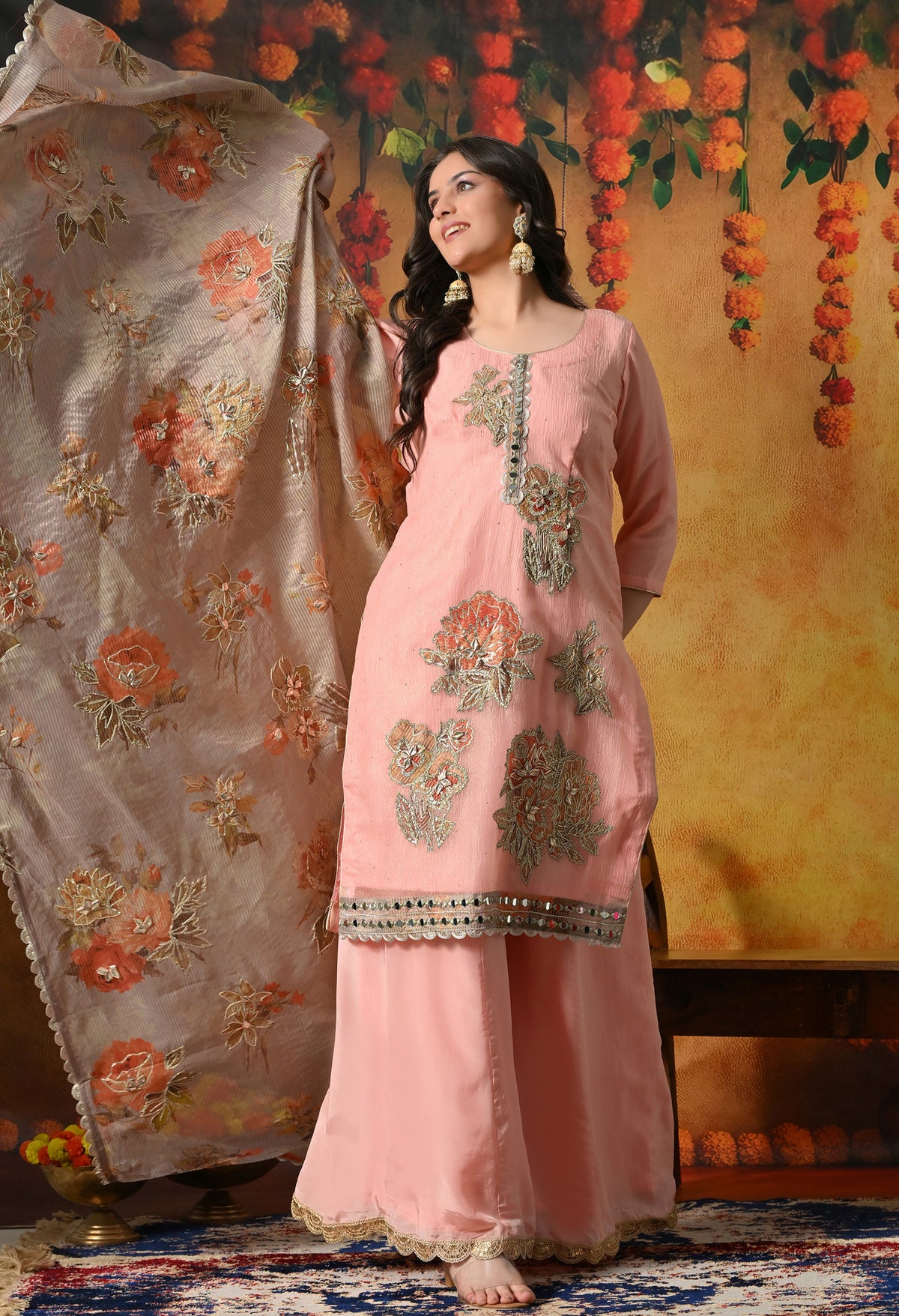 Radiant Peach Crushed Tissue Sharara Set