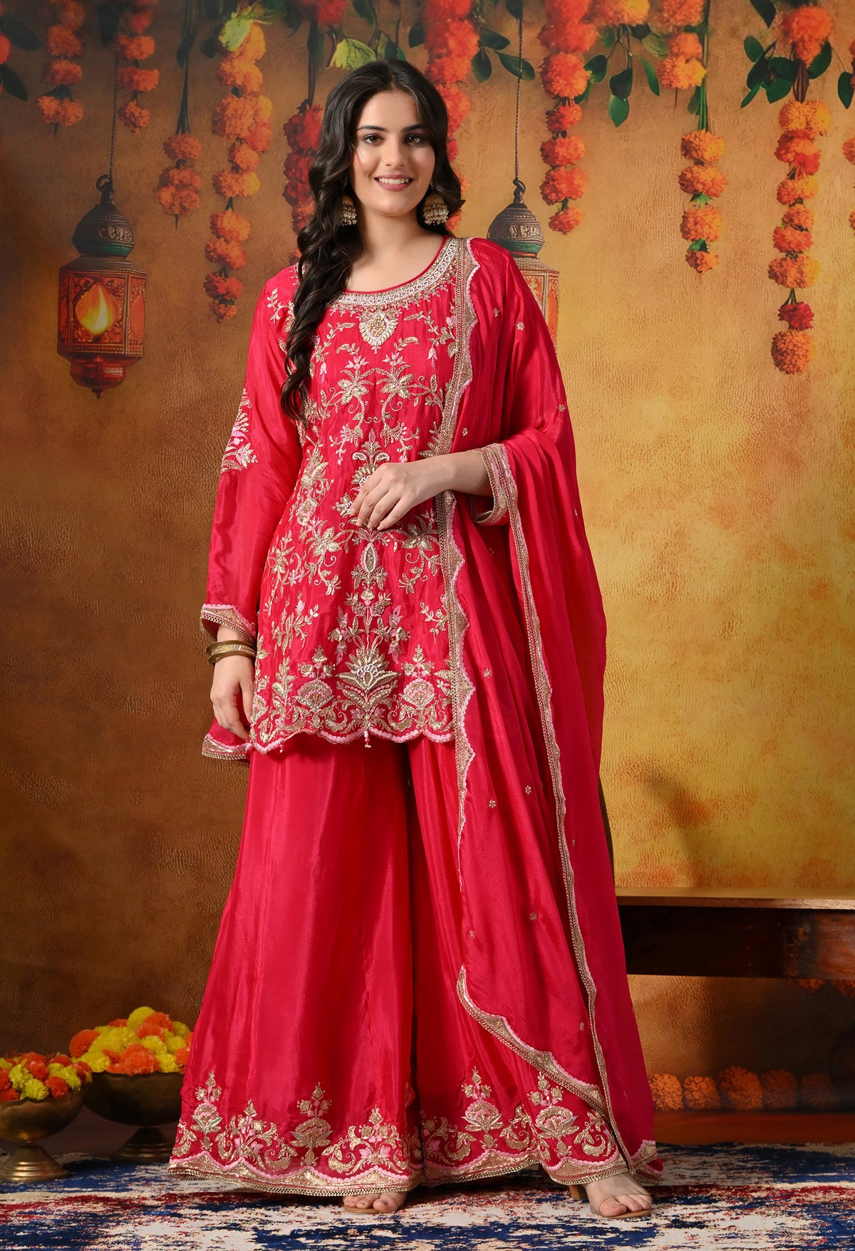 Rani Pink Pure Silk Blend Sharara Set