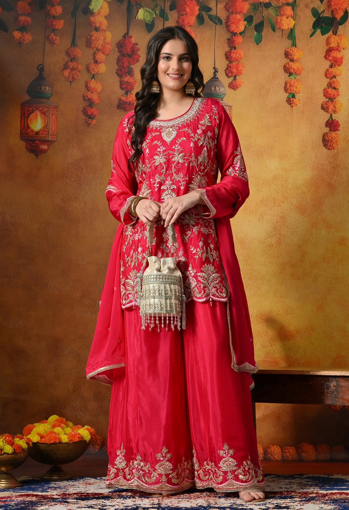 Rani Pink Pure Silk Blend Sharara Set