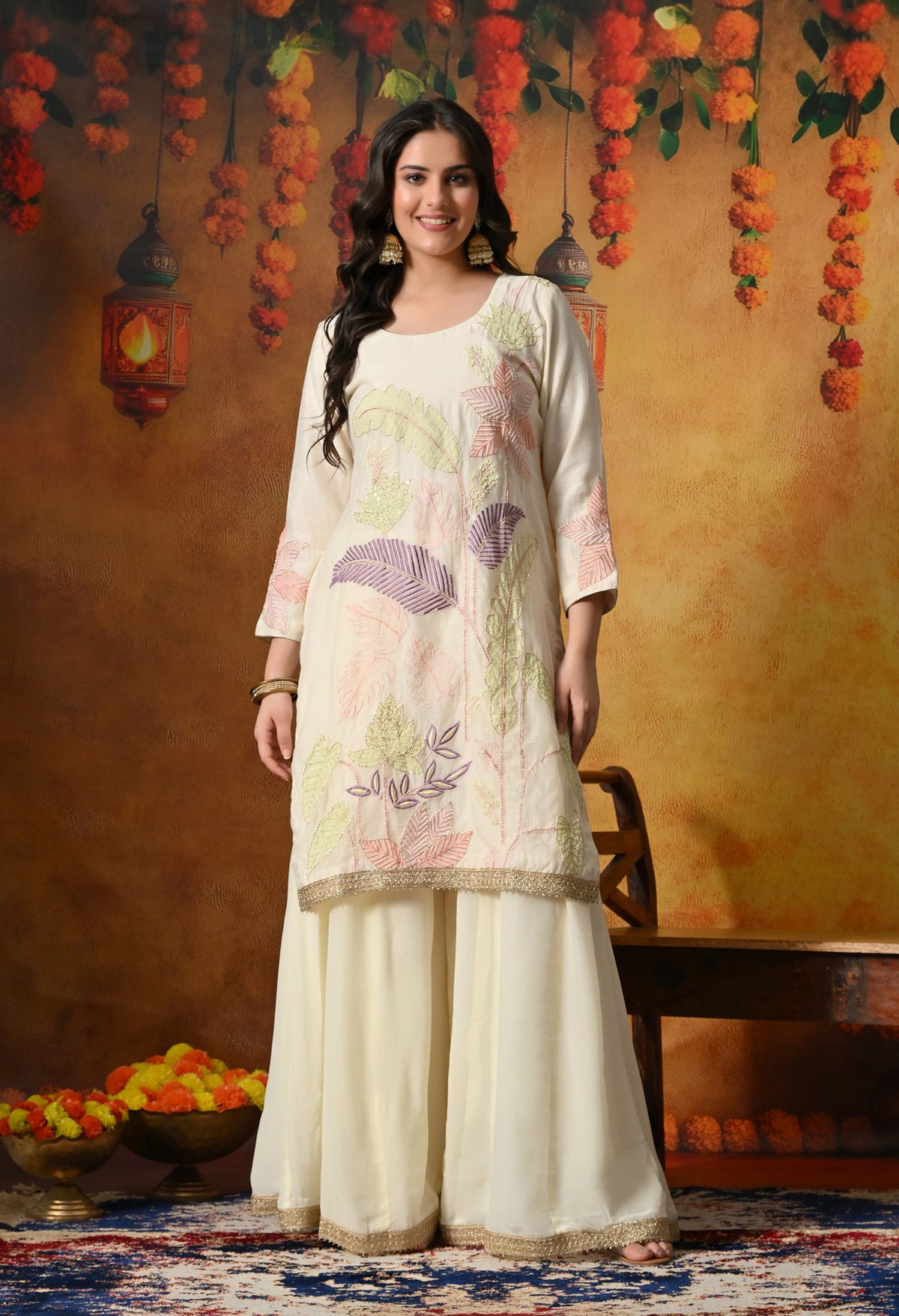 Premium Pure Silk Blend Ivory Sharara Set