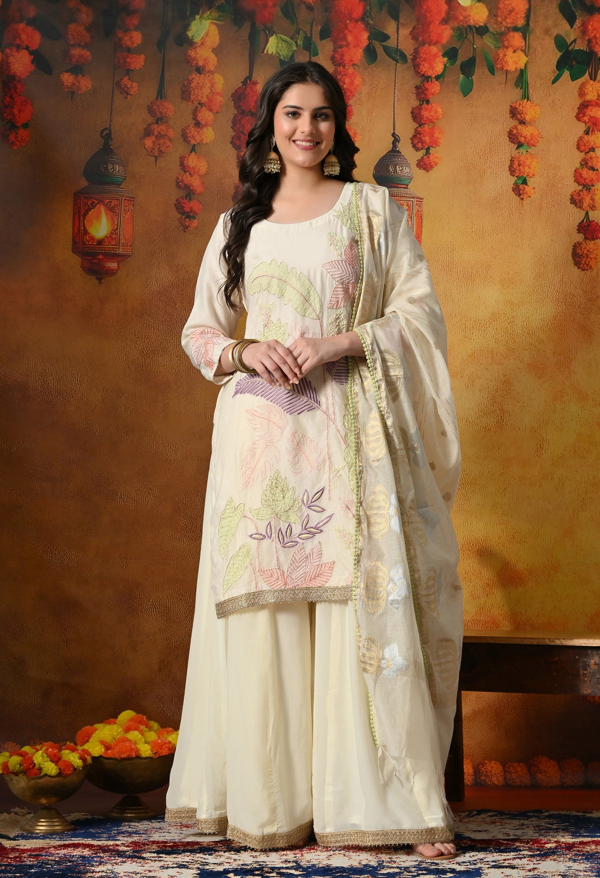Premium Pure Silk Blend Ivory Sharara Set