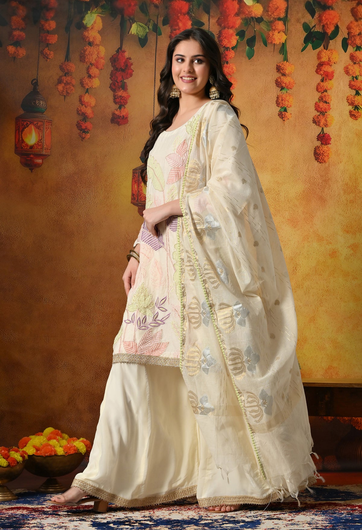 Premium Pure Silk Blend Ivory Sharara Set