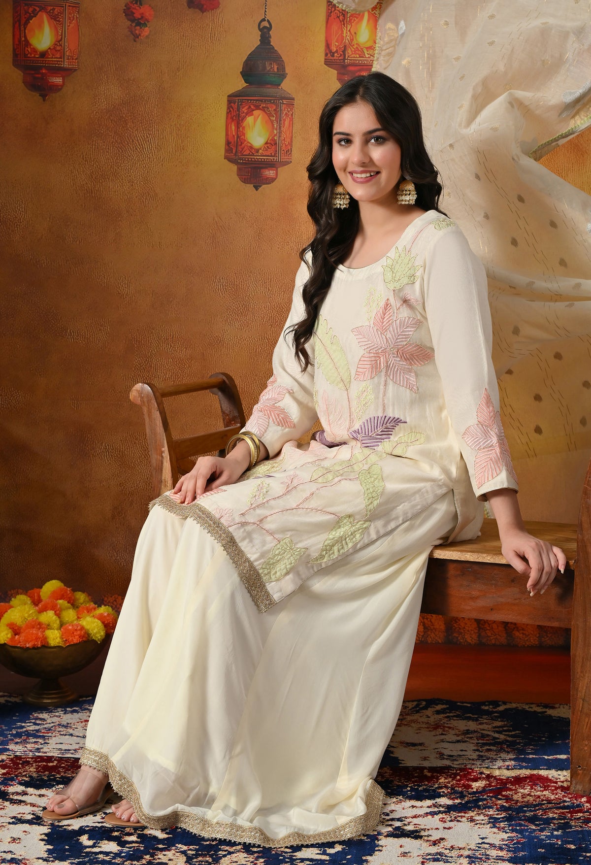 Premium Pure Silk Blend Ivory Sharara Set