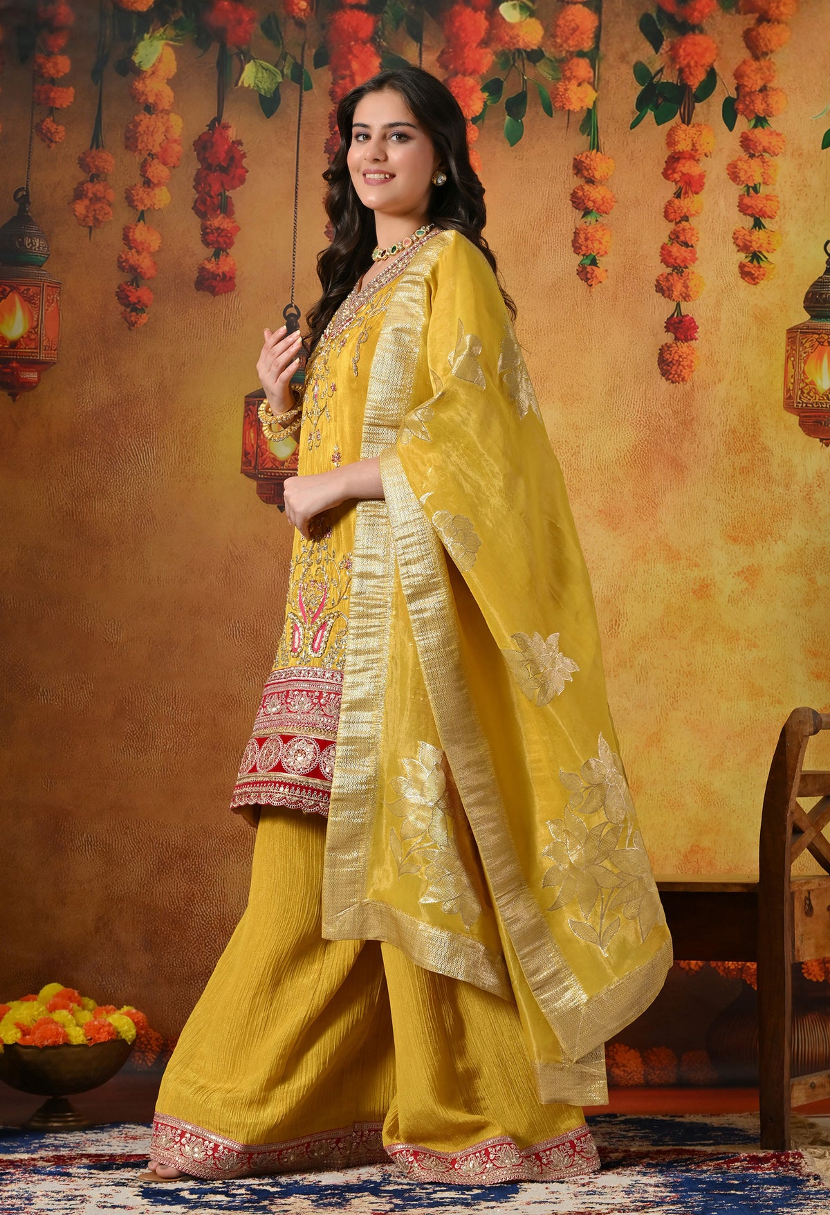 A Royal Silk Mustard Yellow Sharara Set